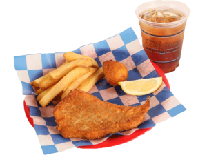 1/2 PC. Fried Cod with french fries, hush puppy, & small drink