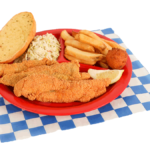 1 PC. Fried Catfish Plate with french fries, coleslaw, garlic bread, & hush puppy