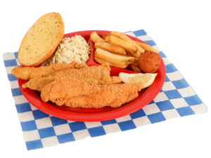 1 PC. Fried Catfish Plate with french fries, coleslaw, garlic bread, & hush puppy