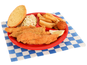 1 PC. Fried Catfish Plate with french fries, coleslaw, garlic bread, & hush puppy