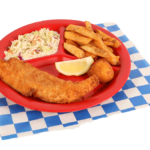 1 PC. Fried Cod Plate with french fries, coleslaw, garlic bread, & hush puppy
