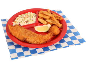 1 PC. Fried Cod Plate with french fries, coleslaw, garlic bread, & hush puppy