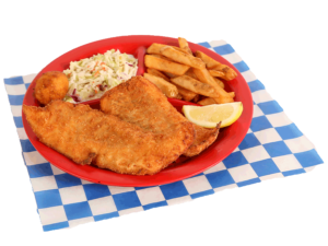 2 PC. Fried Cod Plate with french fries, coleslaw, garlic bread, & hush puppy