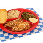 2 PC. Grilled Cod Plate with green beans, rice, & garlic bread