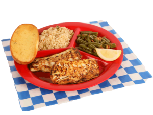 2 PC. Grilled Cod Plate with green beans, rice, & garlic bread