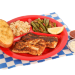 2 PC. Grilled Lemon Pepper Cod Plate with green beans, rice, & garlic bread