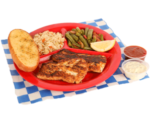 2 PC. Grilled Lemon Pepper Cod Plate with green beans, rice, & garlic bread