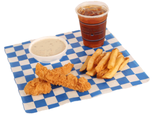 2 PC. Fried Chicken Tenders with french fries, gravy, & small drink