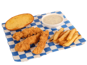 3 PC. Fried Chicken tenders with gravy, garlic bread, & french fries