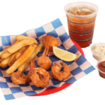 4 PC. Fried Shrimp with french fries, hush puppy, & small drink