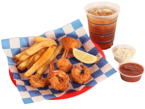 4 PC. Fried Shrimp with french fries, hush puppy, & small drink