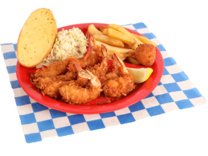 8 PC. Coconut Shrimp Plate with french fries, coleslaw, garlic bread, & hush puppy