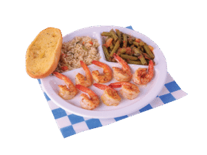 Grilled Shrimp plate with two sides and a slice of garlic bread.