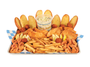8 PC. Fried Cod & 16 Fried Shrimp with french fries, coleslaw, garlic bread, and hush puppies.