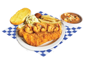 Fisherman's Plate with 1 fried cod, 6 fried shrimp, and a cup of gumbo served with cole slaw, fries, hush puppy, and bread. The plate is placed on top of a white and blue checker paper