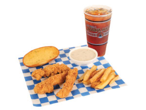 Three chicken tenders, garlic bread, gravy, french fries, and a large tea placed on blue and white checkered paper