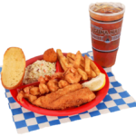 Fish & Shrimp Plate includes 1 fried cod fillet, 6 fried shrimp, french fries, coleslaw, garlic bread, hush puppy, & large tea