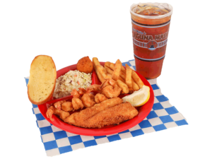 Fish & Shrimp Plate includes 1 fried cod fillet, 6 fried shrimp, french fries, coleslaw, garlic bread, hush puppy, & large tea