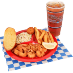 8 PC. Fried Shrimp with french fries, coleslaw, garlic bread, hush puppy, & large tea
