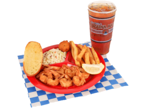 8 PC. Fried Shrimp with french fries, coleslaw, garlic bread, hush puppy, & large tea