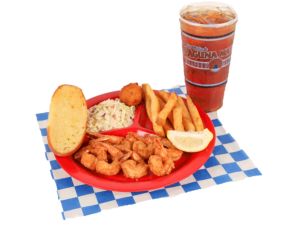 8 PC. Fried Shrimp with french fries, coleslaw, garlic bread, hush puppy, & large tea