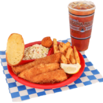 2 PC. Fried Cod Plate with french fries, coleslaw, garlic bread, hush puppy, & large tea