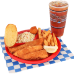 2 PC. Fried Cod Plate with french fries, coleslaw, garlic bread, hush puppy, & large tea