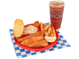 2 PC. Fried Cod Plate with french fries, coleslaw, garlic bread, hush puppy, & large tea