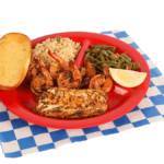 Grilled Cod & Shrimp Plate includes 1 grilled cod fillet, 6 grilled shrimp, green beans, rice, & garlic bread