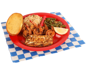 Grilled Cod & Shrimp Plate includes 1 grilled cod fillet, 6 grilled shrimp, green beans, rice, & garlic bread