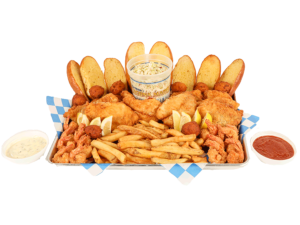 8 PC. Fried Cod & 16 Fried Shrimp with french fries, coleslaw, garlic bread, & hush puppies