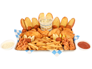 8 PC. Fried Cod & 16 Fried Shrimp with french fries, coleslaw, garlic bread, & hush puppies