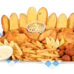 8 PC. Fried Cod with french fries, coleslaw, garlic bread, & hush puppies
