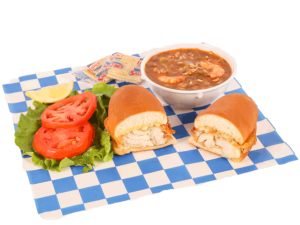 Fish Sandwich with lettuce, tomato, tartar sauce, cup of gumbo, & crackers