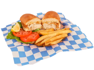 Fish Sandwich with lettuce, tomato, tartar sauce, & french fries