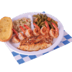 1pc grilled fish and shrimp plate with two sides and a slice of garlic bread.