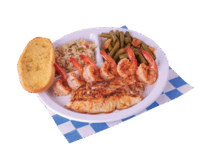 1pc grilled fish and shrimp plate with two sides and a slice of garlic bread.