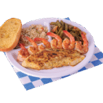 Lemon Pepper Cod & Shrimp plate with two sides and a slice of garlic bread.