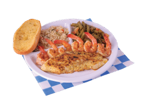 Lemon Pepper Cod & Shrimp plate with two sides and a slice of garlic bread.