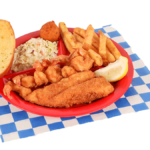 Fish & Shrimp Plate includes 1 fried cod fillet and 6 fried shrimp served with french fries, coleslaw, a slice of garlic bread, & hush puppy