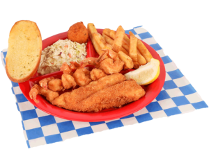 Fish & Shrimp Plate includes 1 fried cod fillet and 6 fried shrimp served with french fries, coleslaw, a slice of garlic bread, & hush puppy