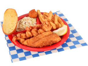 Fish & Shrimp Plate includes 1 fried cod fillet and 6 fried shrimp served with french fries, coleslaw, a slice of garlic bread, & hush puppy