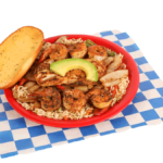 Fish & Shrimp Mexican Style includes 1 grilled cod fillet and 6 grilled shrimp, rice, garlic bread, & slice of avocado