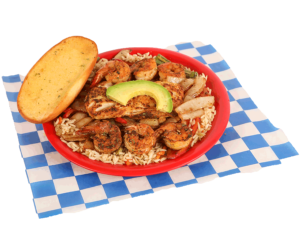 Fish & Shrimp Mexican Style includes 1 grilled cod fillet and 6 grilled shrimp, rice, garlic bread, & slice of avocado
