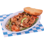 Fish & Shrimp Mexican Style includes 1 Grilled Cod Filet, 6 Grilled Shrimp with the choice of one side, and bread. On a white and blue checkered paper.