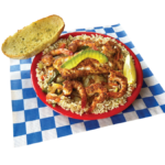 Fish & Shrimp Mexican Style includes 1 grilled cod fillet and 6 grilled shrimp, rice, garlic bread, & slice of avocado