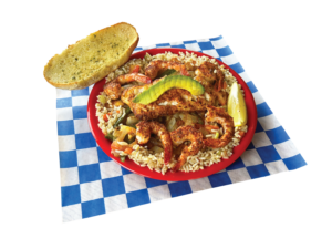 Fish & Shrimp Mexican Style includes 1 grilled cod fillet and 6 grilled shrimp, rice, garlic bread, & slice of avocado