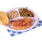 Grilled Fish plate with two sides and a slice of garlic bread.