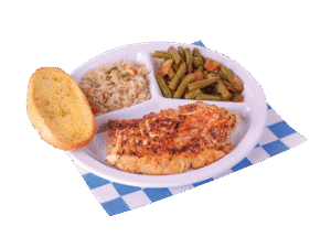 Grilled Fish plate with two sides and a slice of garlic bread.