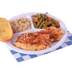 2pc. Grilled Fish plate with two sides and a slice of garlic bread.